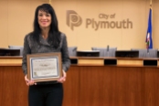 Mayor Slavik proudly displays the 5 Year appreciation award received from General Nash and the BYR program. This award will be placed in a glass case at Plymouth City Hall.
